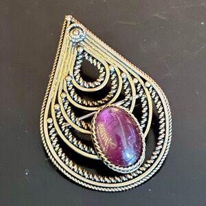 Vintage Brass & Purple Stone Convertible Brooch Pin w/ Pendant Loop